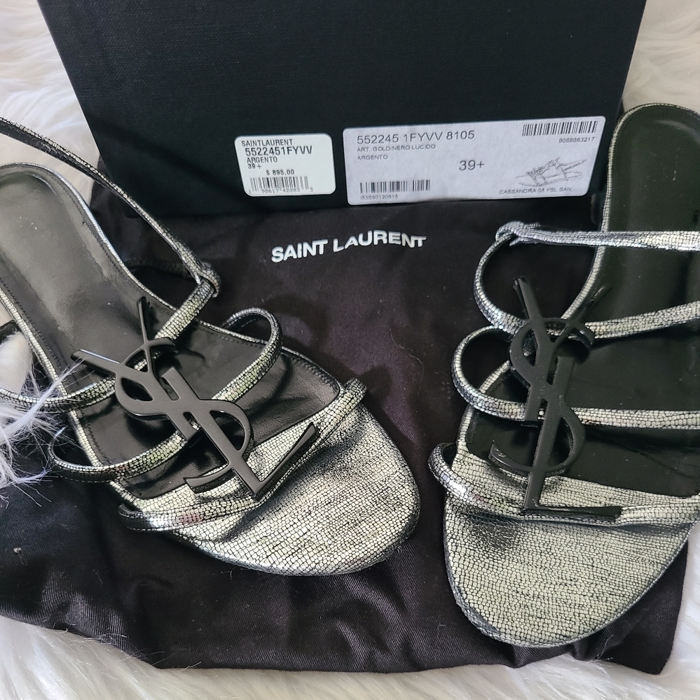Cassandre YSL Logo Flat Metallic Sandals